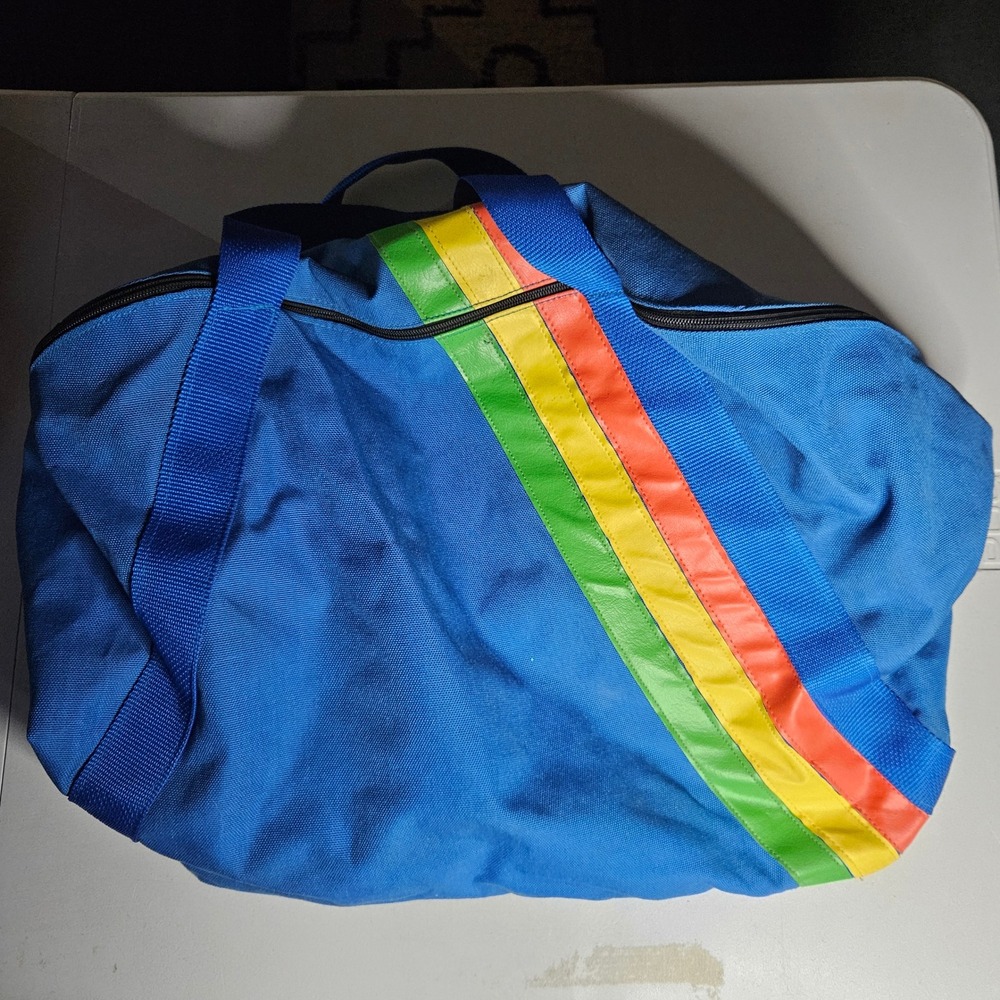 Vintage 80s Rainbow Stripe Canvas Duffel Bag Blue Retro Gym Travel Weekender